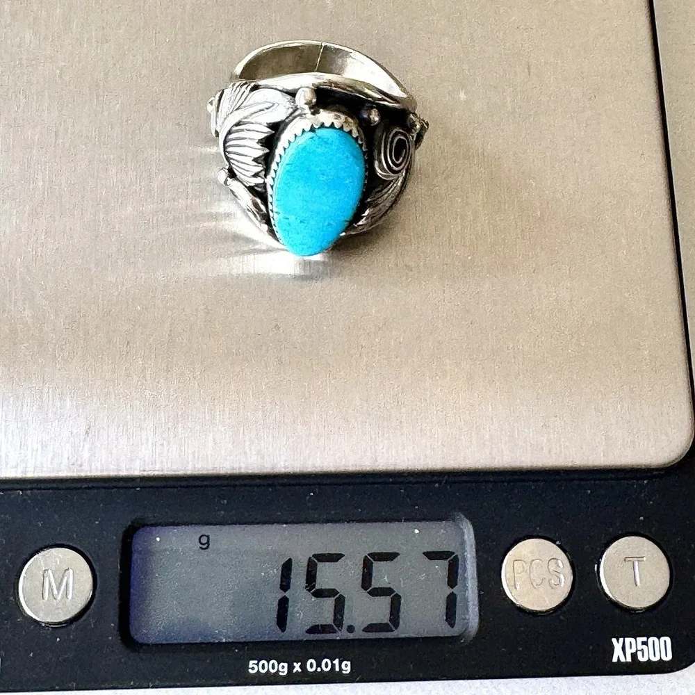 Navajo Turquoise Mens Ring Sz 11 Leaf Feather Signed Morgan Sterling Native Amer